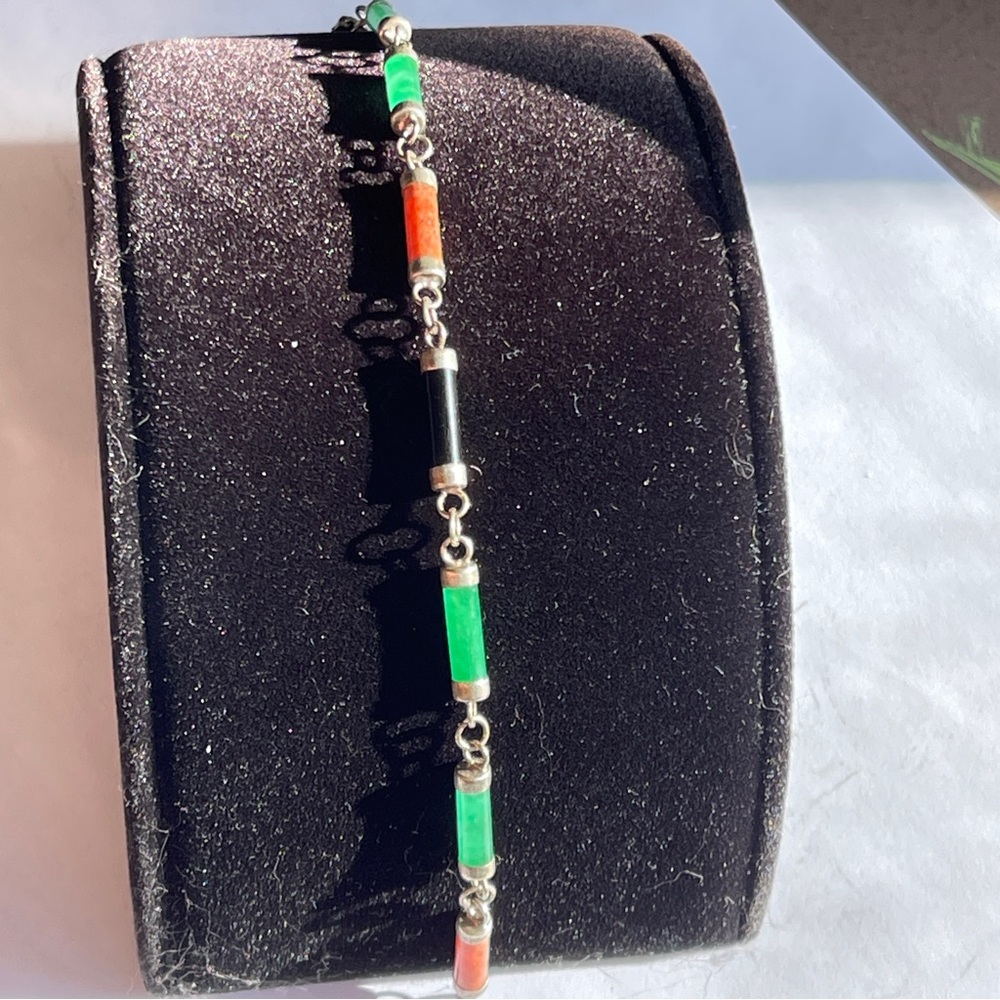 Glowing Vintage Jade Bar Bracelet Sterling Silver 7.5”